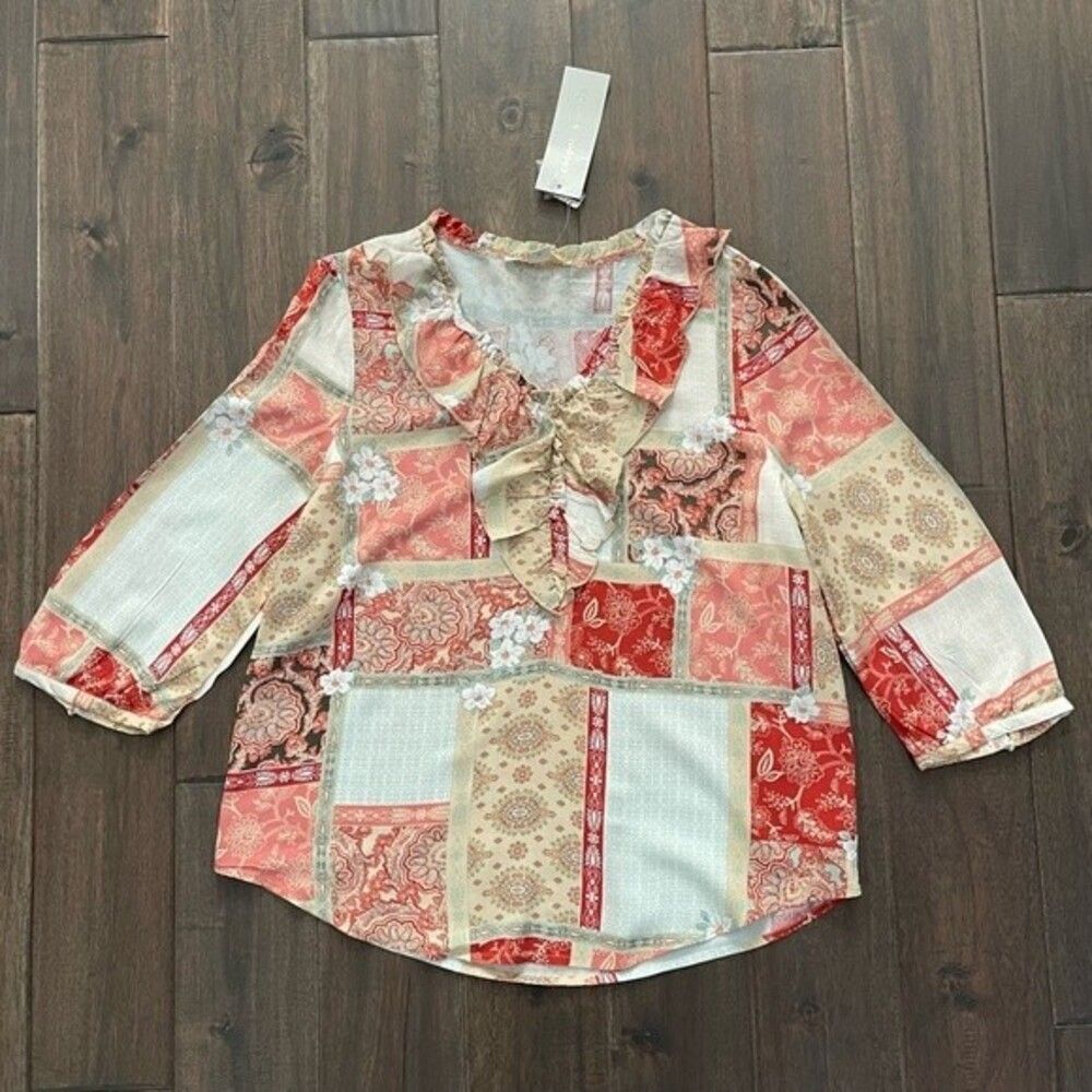 Cooper & Ella Boho Ruffled Patchwork Blouse Small NWT